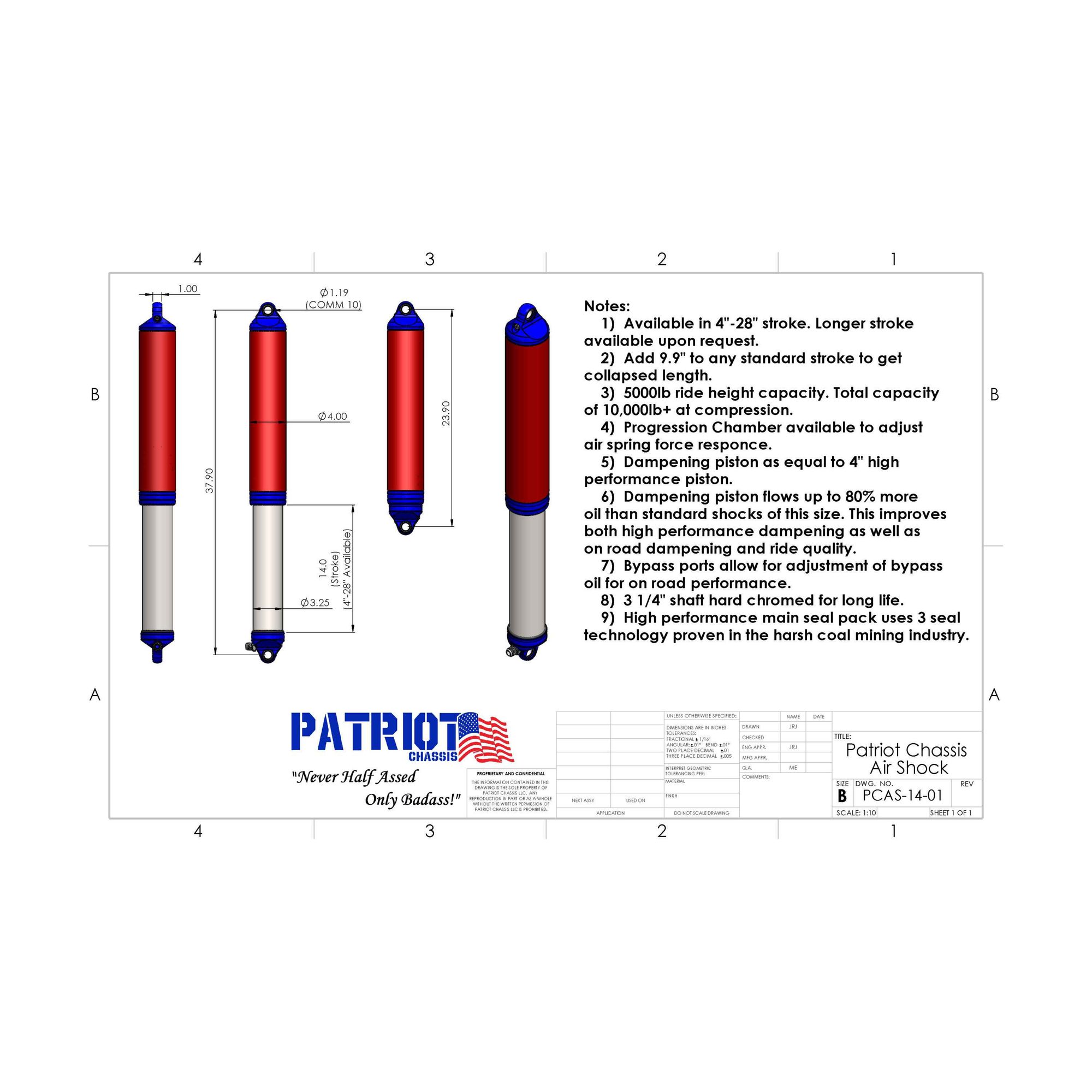 Patriot Air Shock patent-pending 4-inch billet aluminum dampening piston with 5000 lb capacity and 22-inch stroke